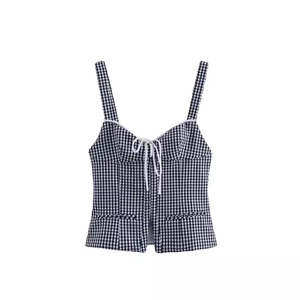 Women's summer black and white gingham corset crop top with drawstring V-neck