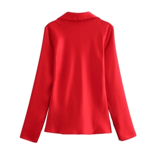 Back view of smooth red satin long sleeve blouse with elegant folded collar