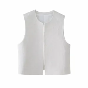 Gilet Sans Manches pour Femmes Col Rond Broderie Matelassée Été Streetwear Décontracté Blanc Cassé Gilet Rembourré