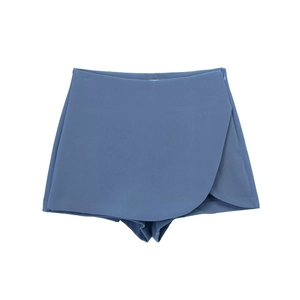 Women's summer high-waist asymmetric wrap skort in dusty blue with side zipper