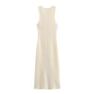 Detailed close-up showing the elegant cream ribbed knit texture and sleek sleeveless design