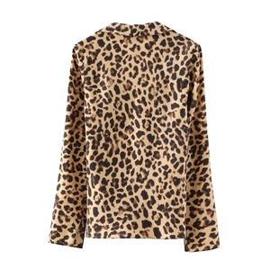 Flat lay of the back view of a satin leopard print long sleeve shirt with a classic collar