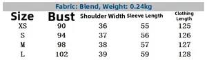 Detailed size chart for floral print dress showing fabric weight and measurements