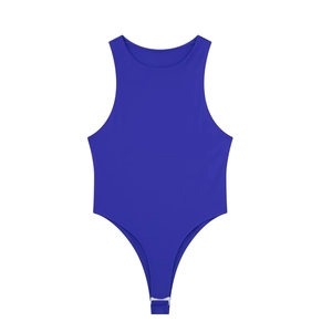 Sleeveless halter high neck royal blue bodysuit with bottom snap button closure