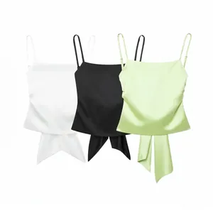 Women's Casual Satin Camisole Top Spaghetti Strap Large Bow Back Detail Summer Sleeveless Vest Streetwear Solid Color Blouse