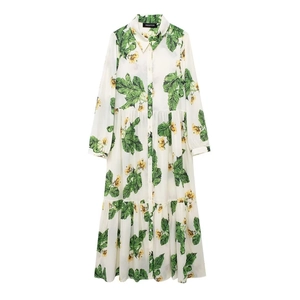 Floral print ivory dress with yellow flowers and green leaves tiered skirt design