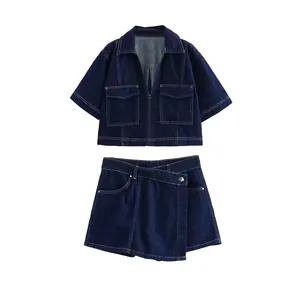 Damen Denim Kurzarm Hemd Und Asymmetrischer Hosenrock Sommer Casual Streetwear Fashion Outfit Mit Kontrastnähten Und Taschen