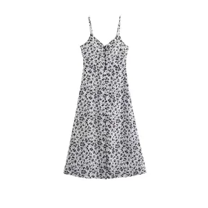 Women Elegant Floral Print Strap V-Neck Midi Dress Summer Sleeveless A-Line Button Front Vacation Long Sundress Casual Top