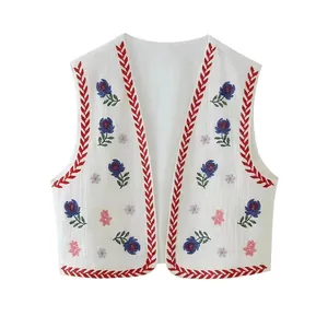Women Ethnic Floral Embroidered Vest White Sleeveless Open Front Short Waistcoat Streetwear Summer Bohemian Outerwear Top