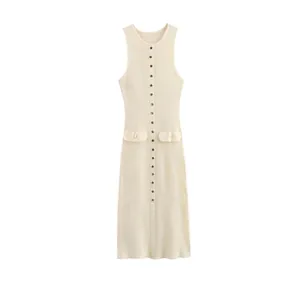 Women Ribbed Knit Sleeveless Midi Dress Elegant Multi-Button Slim Fit Off-White Tank Dress With Decorative Pocket Detail