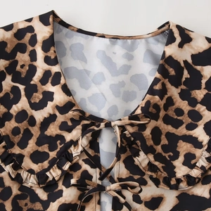 Women's leopard print blouse with ruffle Peter Pan collar and bow-tie neck detail