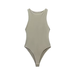 Sleeveless light olive green bodysuit with high-cut design and round neckline