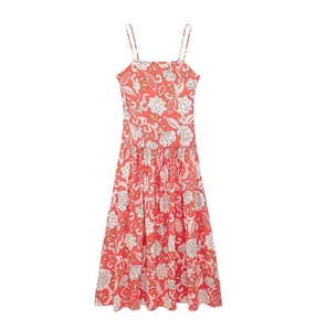 Detail of coral floral sundress showing spaghetti straps and tiered A-line patchwork design