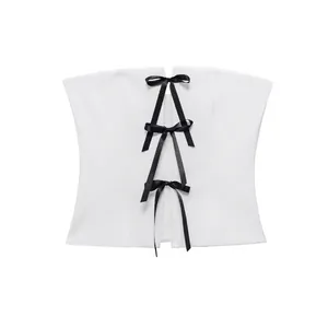 Women Sexy Off Shoulder White Crop Top With Black Satin Bow Ties Vintage Slim Fit Bustier Tube Top Zipper Back Summer Fashion