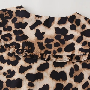 Women summer long sleeve blouse with leopard print and ruffled tie neck detail