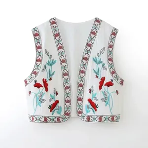 Women Bohemian Embroidered Vest Sleeveless Open Front Short Waistcoat Ethnic Floral Crinkle Fabric Summer Streetwear Top