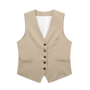 Detailed close-up of khaki V-neck vest with resin buttons and welt pockets