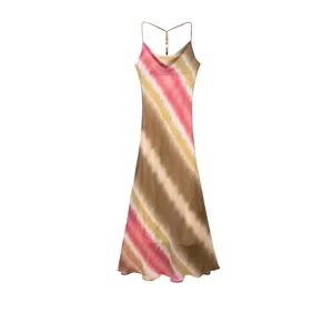 Abito Maxi Tie Dye da Donna con Scollo a Cappuccio Spalline Sottili con Perline Schiena Scoperta Bohemien Estate Vacanza Sexy Satin Look