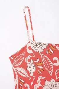 Detailed close-up of floral print and texture on a summer slip dress with thin straps
