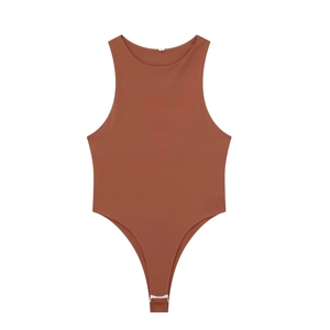 Women's summer sleeveless brown bodysuit with halter neck and snap closure