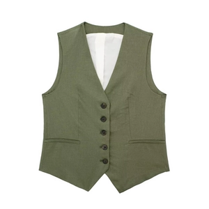 Detailed close-up of dark olive green V-neck vest with classic five-button closure