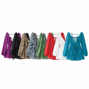 Elegant V-neck off-shoulder chiffon dress with puff sleeves and tie-back detail in various colors