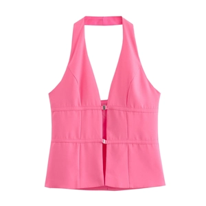 Women street fashion bright pink halter top with deep V-neck and silver buckles