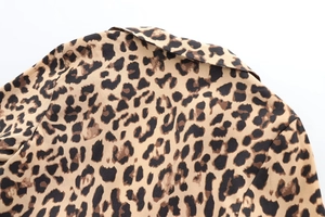 Detailed view of the leopard print blouse showing the collar and smooth fabric texture