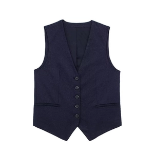 Detail of navy blue V-neck linen vest with five buttons and welt pockets on white background