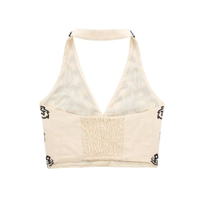 Beige halter neck crop top with ethnic embroidery and elastic back for women