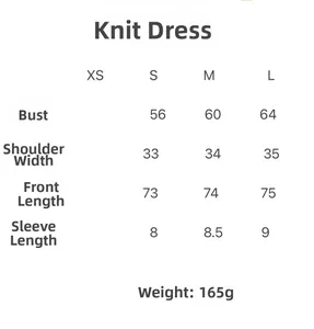 Size chart for the women slim fit knitted dress with specific body measurements in centimeters