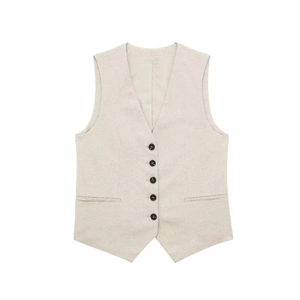 Detail view of the V-neck linen vest showing five black buttons and welt pockets
