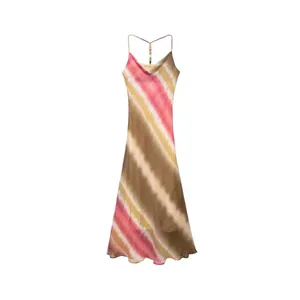 Women Tie Dye Cowl Neck Maxi Dress Satin Look Beaded Straps Sexy Sleeveless Bodycon Vacation Party Evening Slip Dress