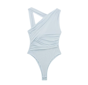 Detail of light blue one-shoulder bodysuit featuring asymmetric draping and cutout shoulder strap