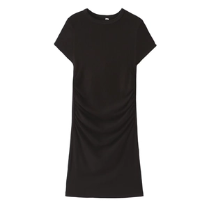 Detail of black knit dress showing round neck and side ruched rib fabric texture