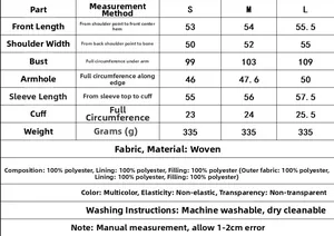 Size chart for women's printed cotton jacket showing measurements for S, M, and L sizes