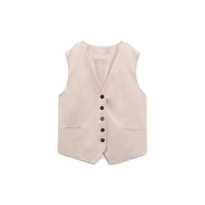 Close-up of beige linen blend vest featuring V-neck design and black contrast buttons