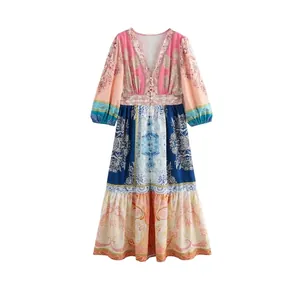 Abito Lungo da Donna Bohemien con Stampa Paisley Scollo a V Manica Lunga Patchwork Orlo a Balze Vintage Fluido Abito da Spiaggia Vacanza