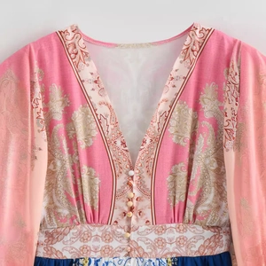 Abito da donna con scollo a V, stampa paisley rosa, bottoni anteriori e stile bohémien