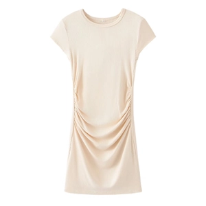 Detail view of the drawstring ruched waist on a beige crew neck short sleeve knit dress