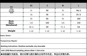 Size chart for light blue denim dress showing length, shoulder, and chest measurements