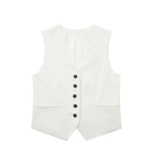 Detail of white linen waistcoat showing V-neckline and five dark brown buttons