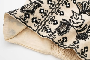 Detailed macro view of embroidered cotton fabric with mirror accents and elastic hem detailing