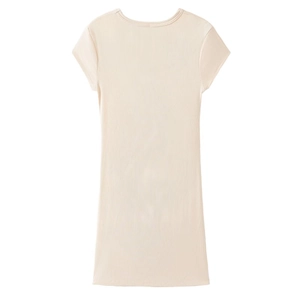 Detailed macro view of the beige vertical ribbed knit fabric on a slim-fit summer dress