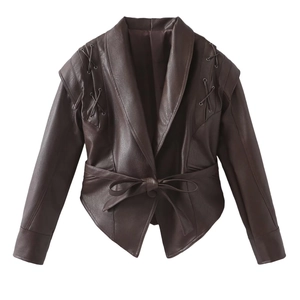Short brown PU leather jacket for women with shawl collar and decorative lace-up shoulders