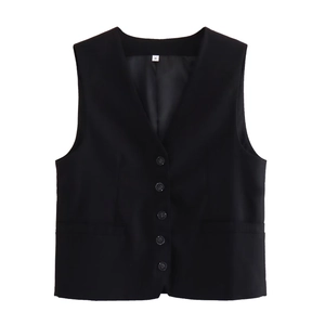 Detail view of black linen-blend V-neck vest featuring five buttons and front pockets
