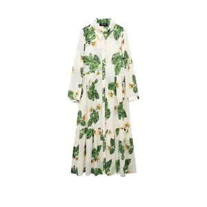 Women Fresh Sweet Floral Print Midi Dress Long Sleeve Shirt Collar Tiered Cake Skirt Botanical Leaf Pattern Casual Vacation Dress