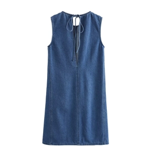 Women's light blue denim sleeveless mini dress with back split and tie detail