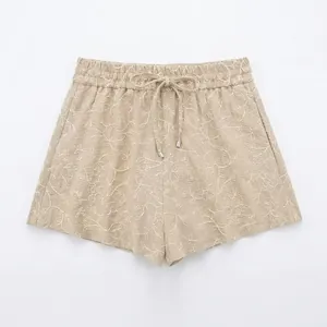 Women Casual Summer Shorts Elastic Waist Drawstring Floral Embroidered Polyester Blend Camel Beach Shorts Hot Pants