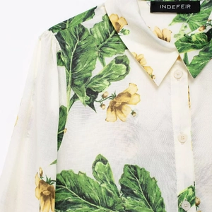 Women's summer long sleeve shirt with green leaves and yellow floral print on cream base